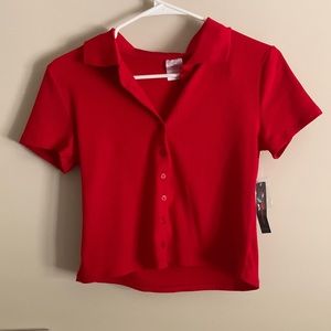 Red Collared Button Up Crop Top